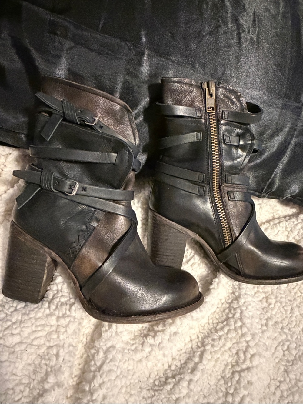 freebird Baker Black and Brown Leather Heeled Ankle Booties with Wrap Straps